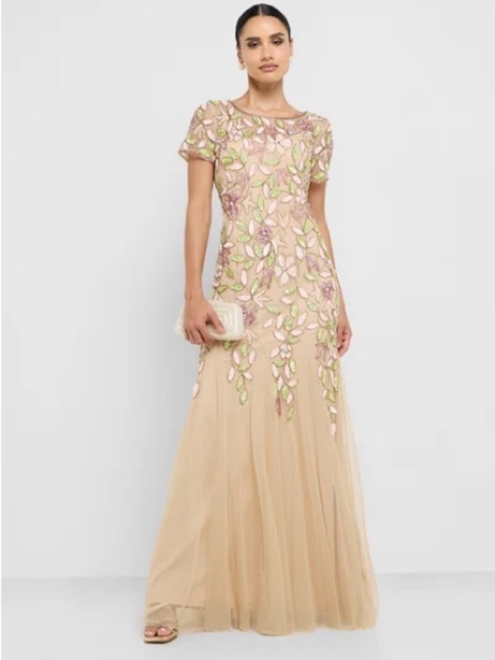 Adrianna Papell Size 2 Embellished Floral Evening Gown Nude Pink NWT Formal MOB
